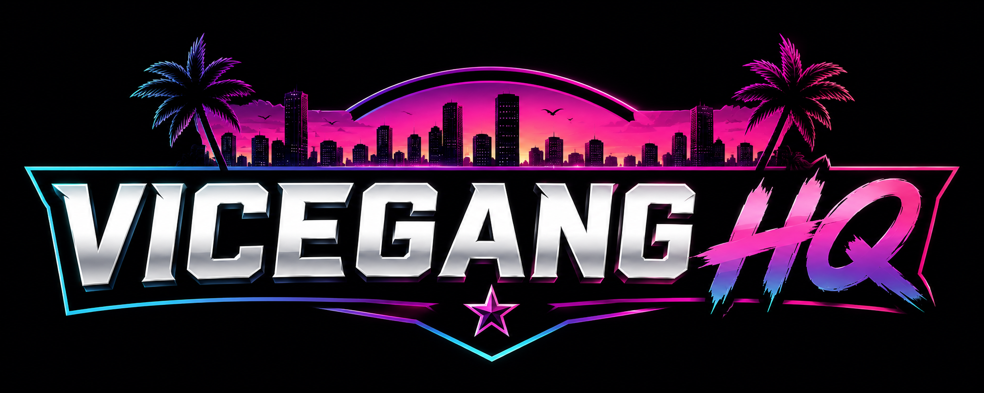 ViceGangHQ logo featuring a neon Miami skyline inspired gaming community for GTA VI guides, news, maps, and resources.